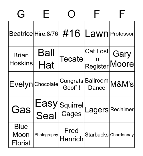 Congratulations Geoff! Bingo Card