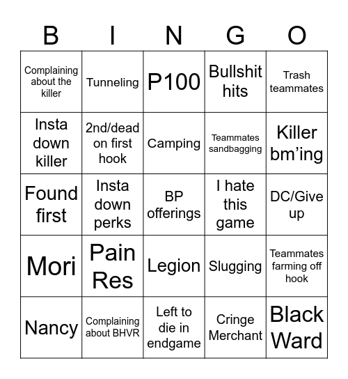 dbd survivor bingo Card