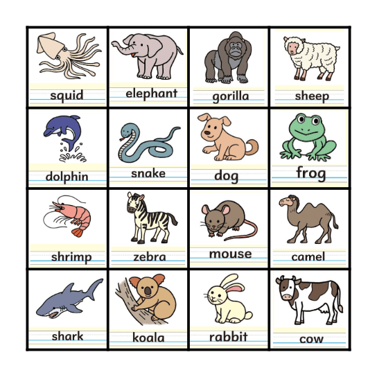 A: What animals do you like? ***  B: I like ~. Bingo Card