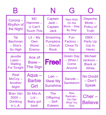 90s Music Bingo Card