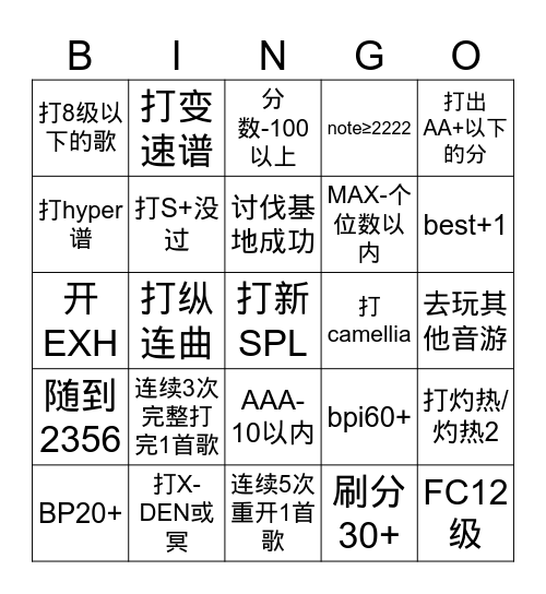 雪人2DX直播BINGO Card