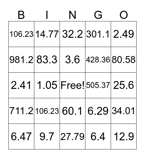 Decimal Fractions! Bingo Card