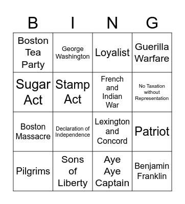 US History Bingo Review Bingo Card