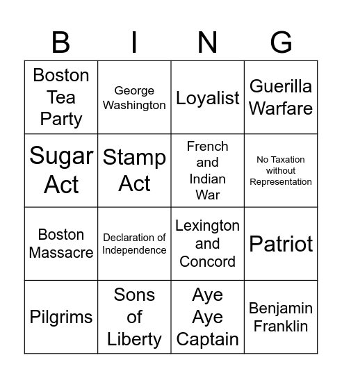 US History Bingo Review Bingo Card