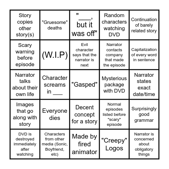 Spinpasta Wiki "Lost Episode" Bingo Card