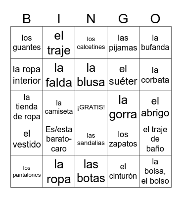 La Ropa Bingo Card