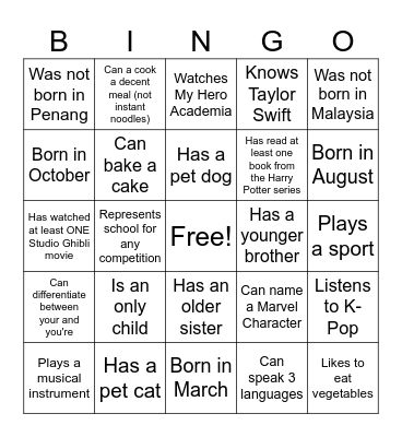Find Me! Bingo Card