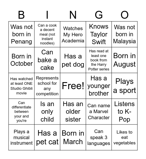 Find Me! Bingo Card