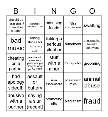 Influencer Bingo Card