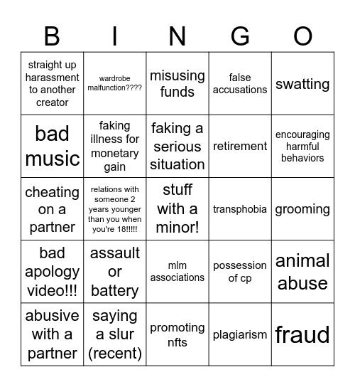 Influencer Bingo Card