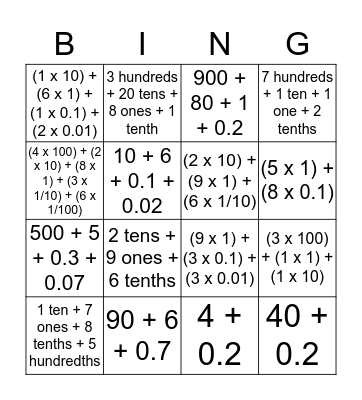 Decimal Fractions! Bingo Card