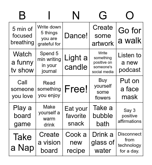 DIGITAL Self-Care BINGO CHALLENGE Bingo Card
