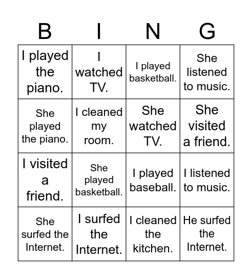 What did you do yesterday? Bingo Card