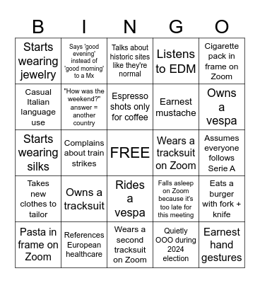 Ryan Becomes Eurotrash Bingo Card