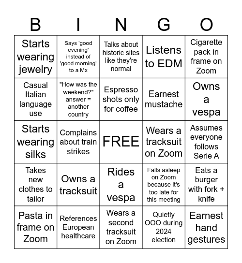 Ryan Becomes Eurotrash Bingo Card