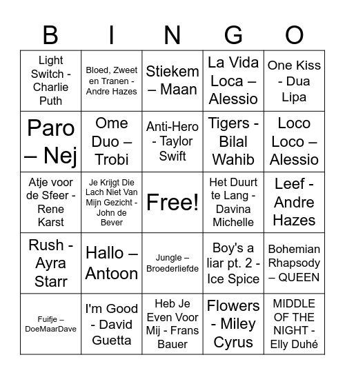 Music Bingo Card