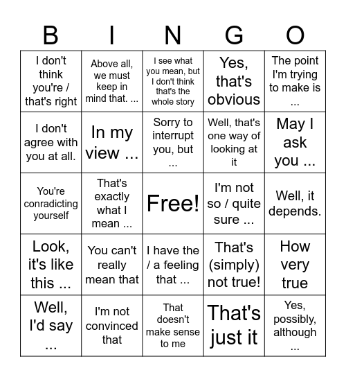 Useful Phrases Bingo Card