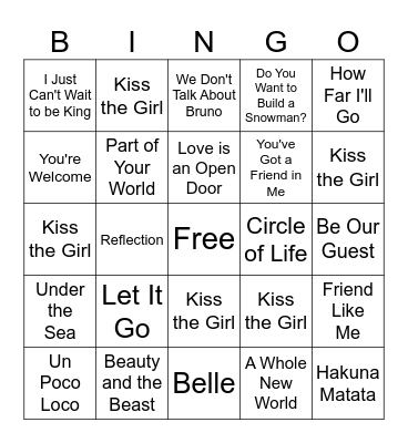 Disney Music Bingo Card