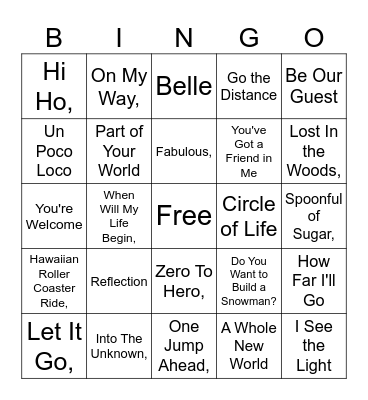 Disney Music Bingo Card