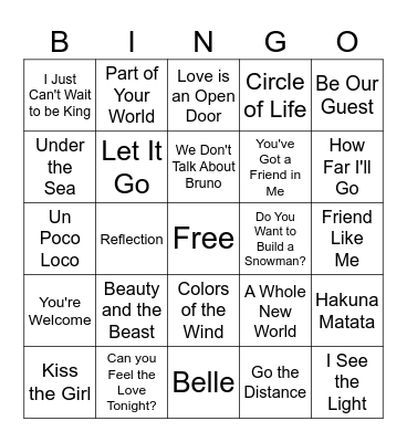 Disney Music Bingo Card