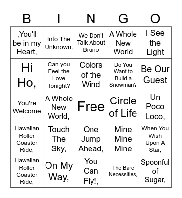 Disney Music Bingo Card