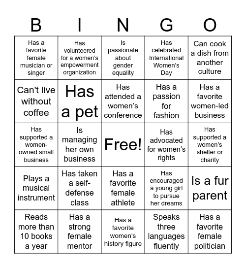 CAB National Women's Month Bingo Card