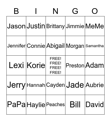 Family Bingo Card