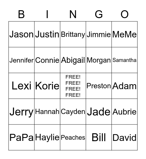 Family Bingo Card