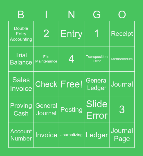 Journalizing and Posting Review Bingo Card