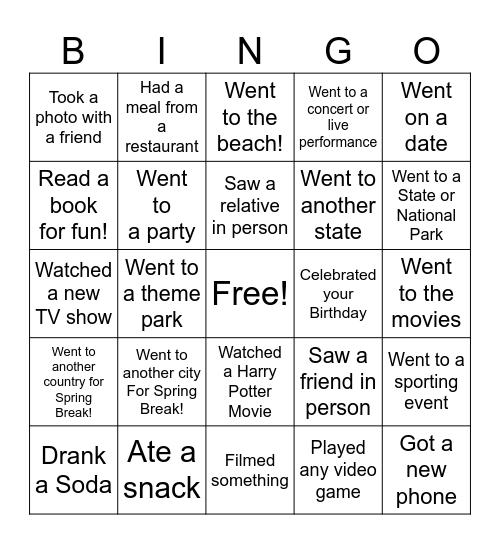 Spring Break Phone Bingo Card