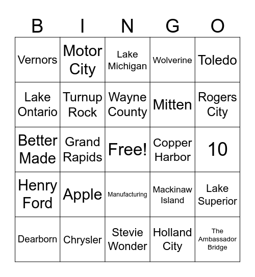 Michigan Facts Bingo Card