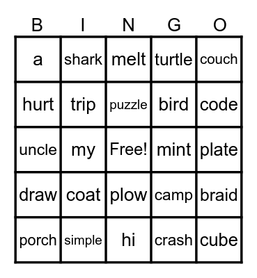 Syllable Type Bingo Card