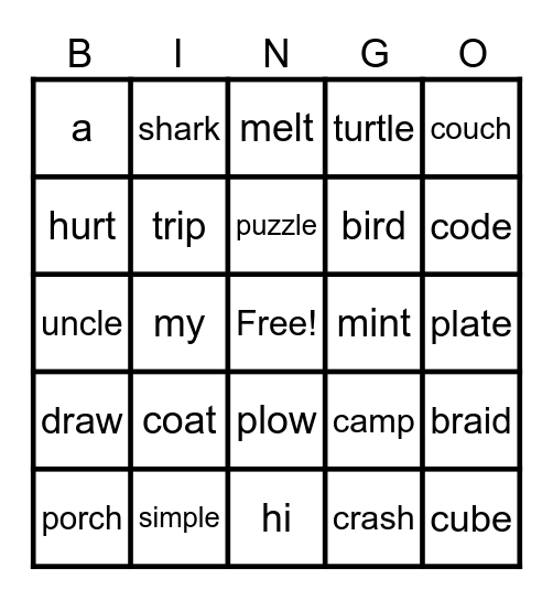 Syllable Type Bingo Card