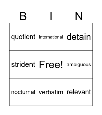 Vocabulary March 18 - 24 Bingo Card