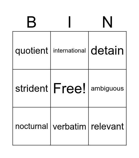 Vocabulary March 18 - 24 Bingo Card