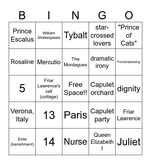 Romeo and Juliet Bingo Card