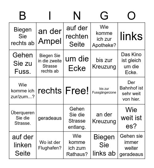 Nach dem Weg fragen Bingo Card