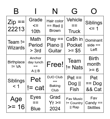 Boolean Bingo Card