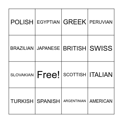 NATIONALITIES BINGO Card