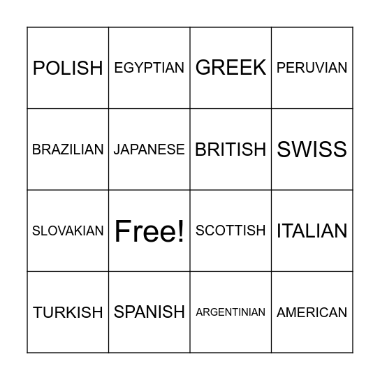 NATIONALITIES BINGO Card