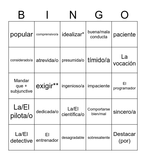 Avancemos 4.1 MS Bingo Card