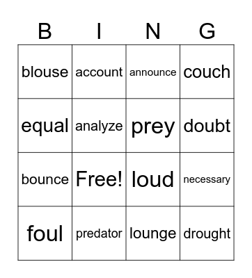 Set 4: vowel sounds -ou Bingo Card