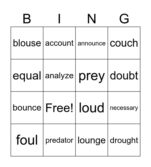 Set 4: vowel sounds -ou Bingo Card