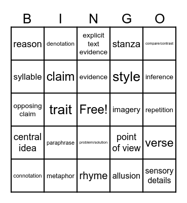 Academic Vocabulary Bingo Card