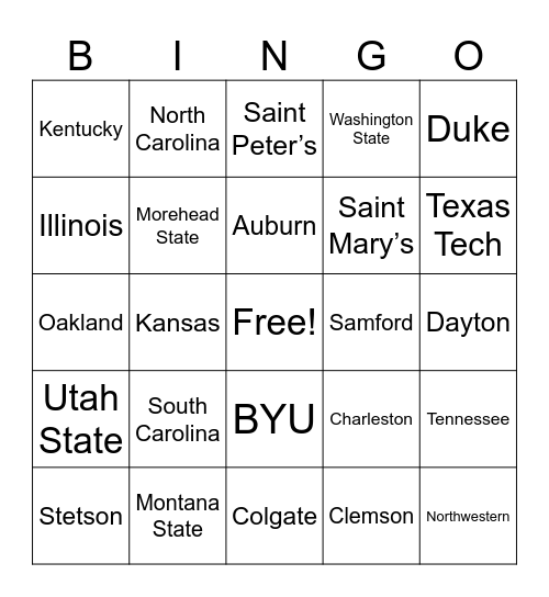 March Madness Mascot Bingo Card