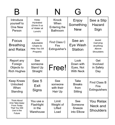 Safety Day Bingo Card