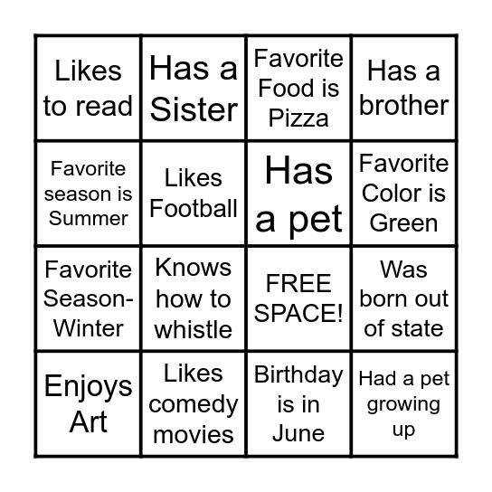 Get To Know Me BINGO Card