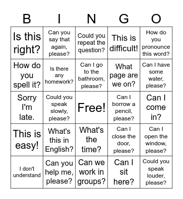 Classroom Language Bingo Card