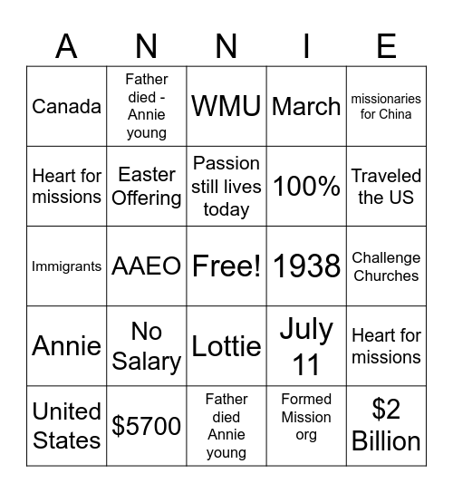 Annie Bingo Card