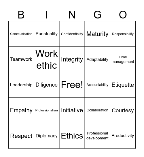 Professionalism Bingo Card